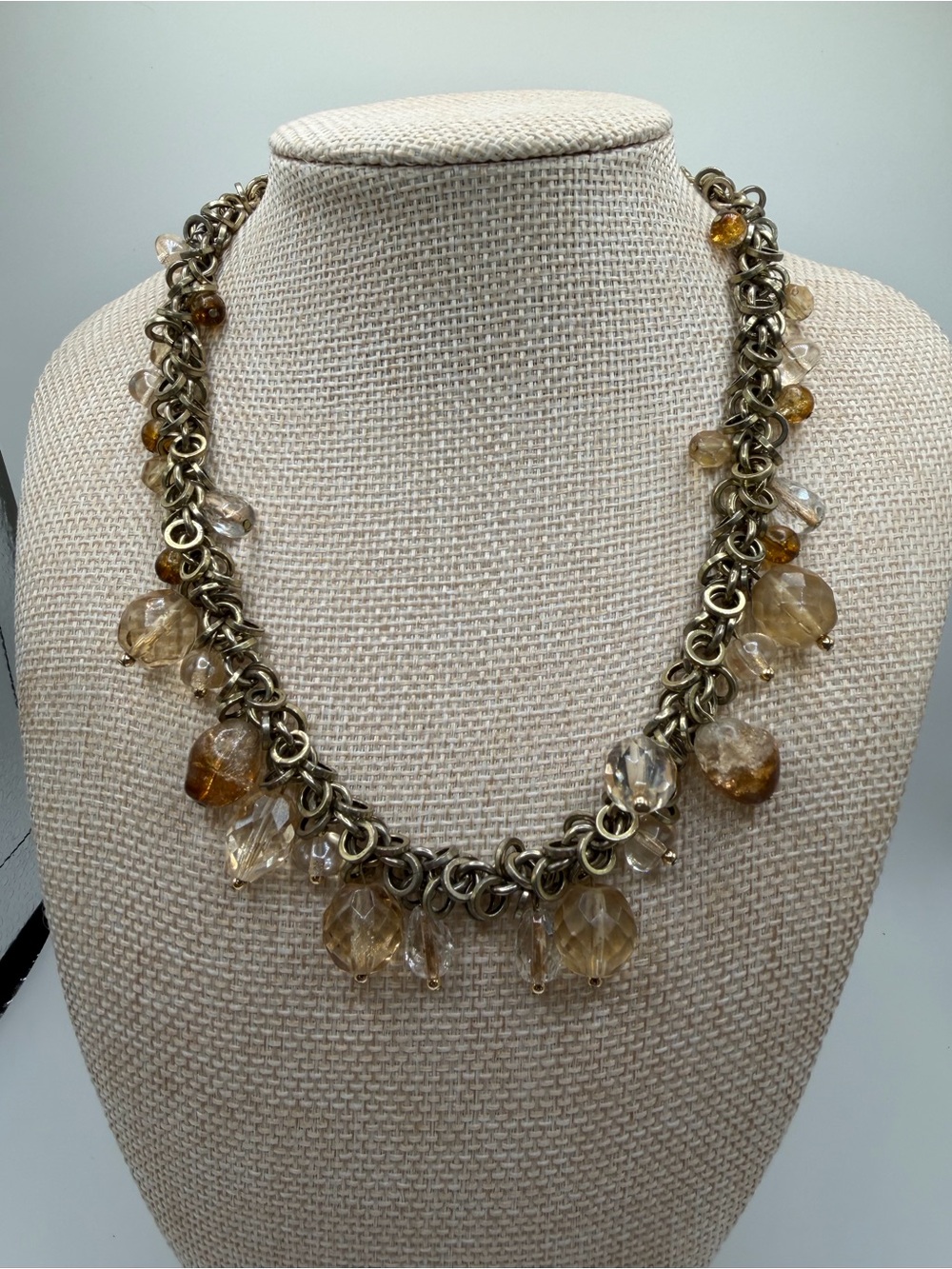 Chunky Amber Champagne Beaded Statement Necklace Gold Tone